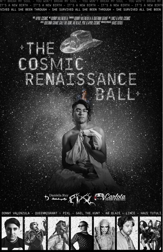 Póster del Cosmic Renaissance Ball: retrato en blanco y negro sobre un fondo de estrellas, con un sombrero de bola disco